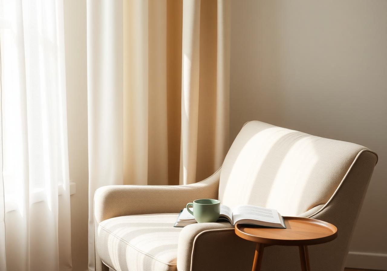 Sunlit reading chair with a warm mug and open book