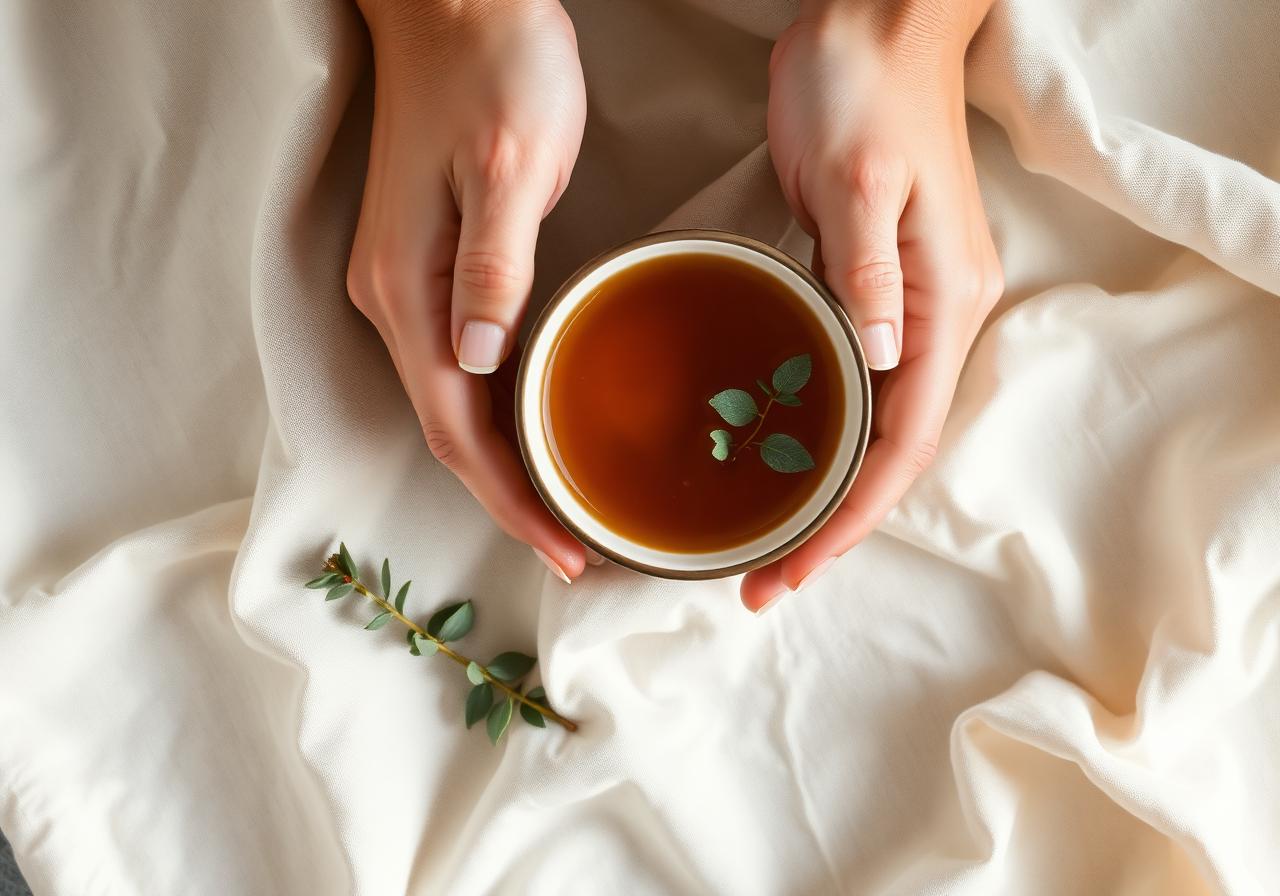 Hands cradling a warm cup of tea on soft linen