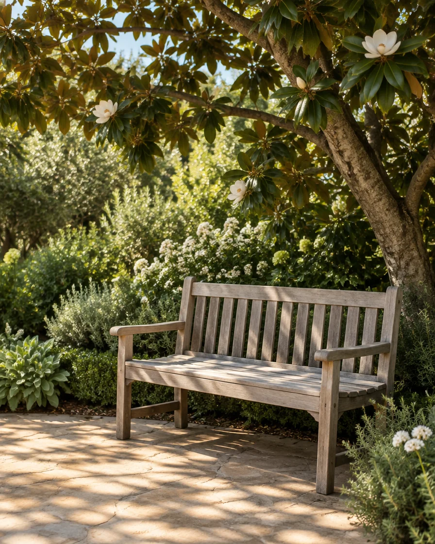 A quiet wooden bench in a leafy garden, touched by afternoon light