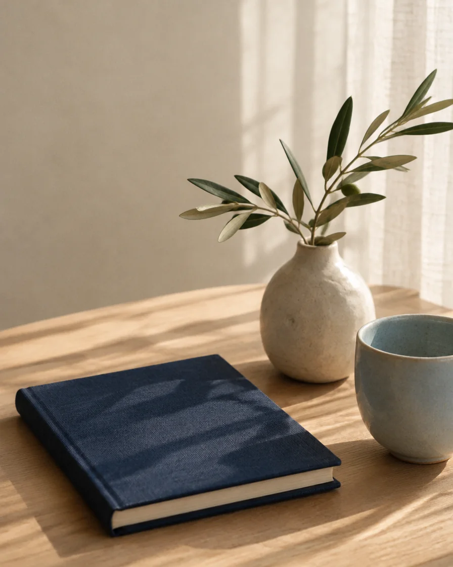 A blue journal and ceramic cup in soft afternoon light