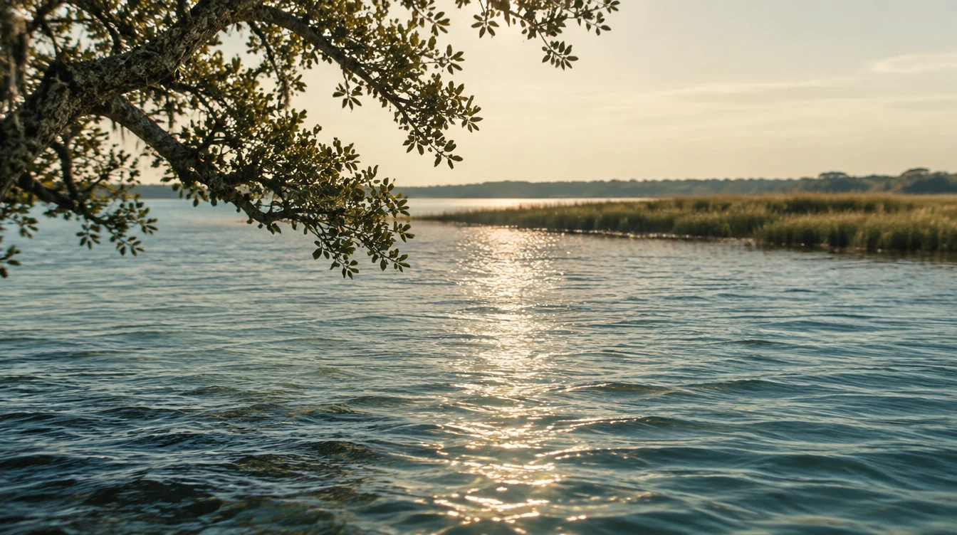 Soft sunlight on blue-green tidal water beneath an oak branch
